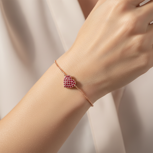 Pav Heart Bracelet With Red Crystals On Chain - Two