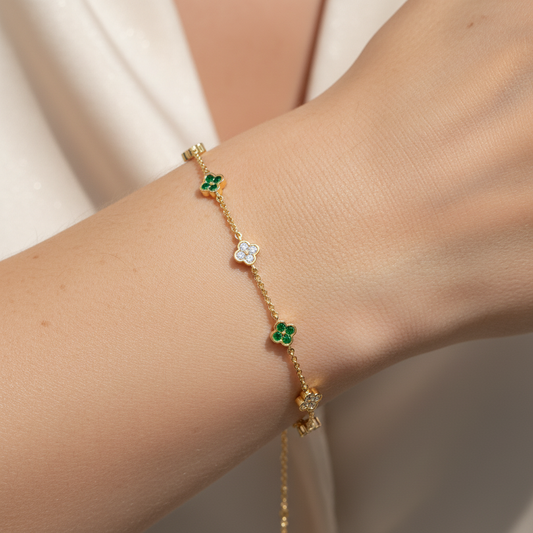Emerald and Diamond Clover Station Bracelet