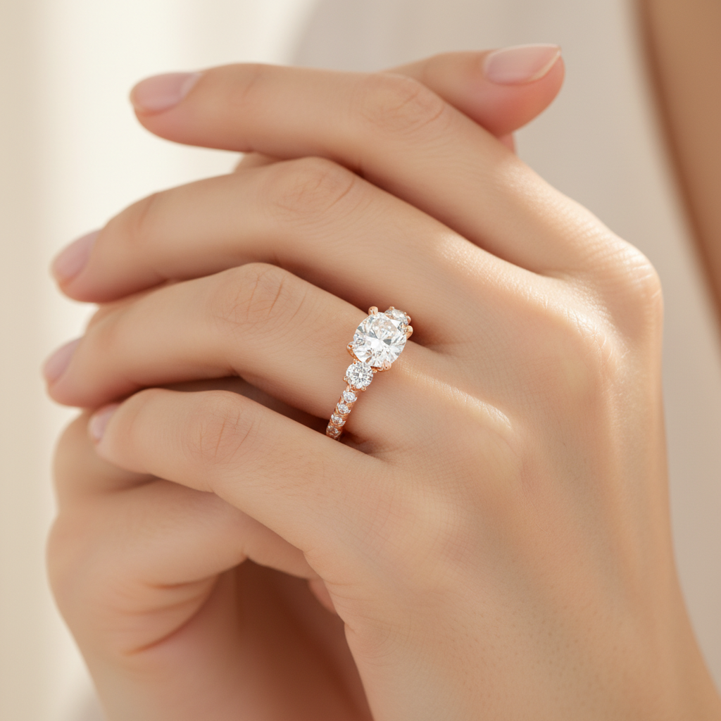 Rose Gold Three Stone Round Cut Diamond Engagement Ring With Pave Band