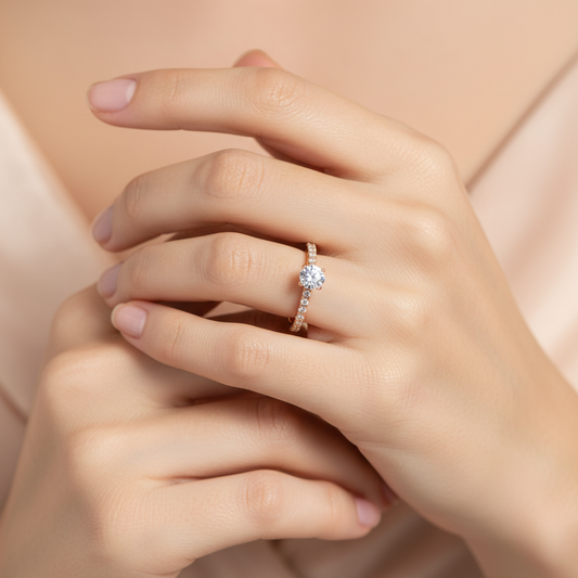 Rose Gold Diamond Solitaire Engagement Ring with Pav Band