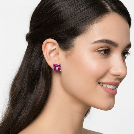 Pink Sapphire And Diamond Flower Cluster Stud Earrings In White Gold - Two