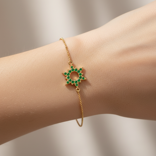 Green Gemstone Starburst Bracelet With Chain Link Design - Two