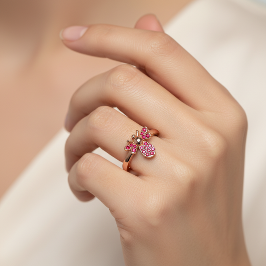 Ruby Bee Ring with Pav Wings and Antennae