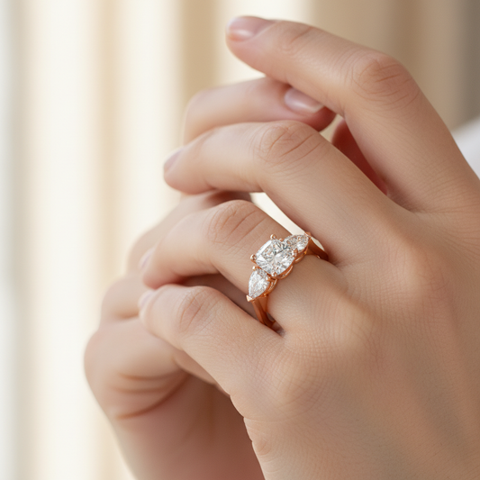 Rose Gold Three Stone Round Cut Diamond Engagement Ring