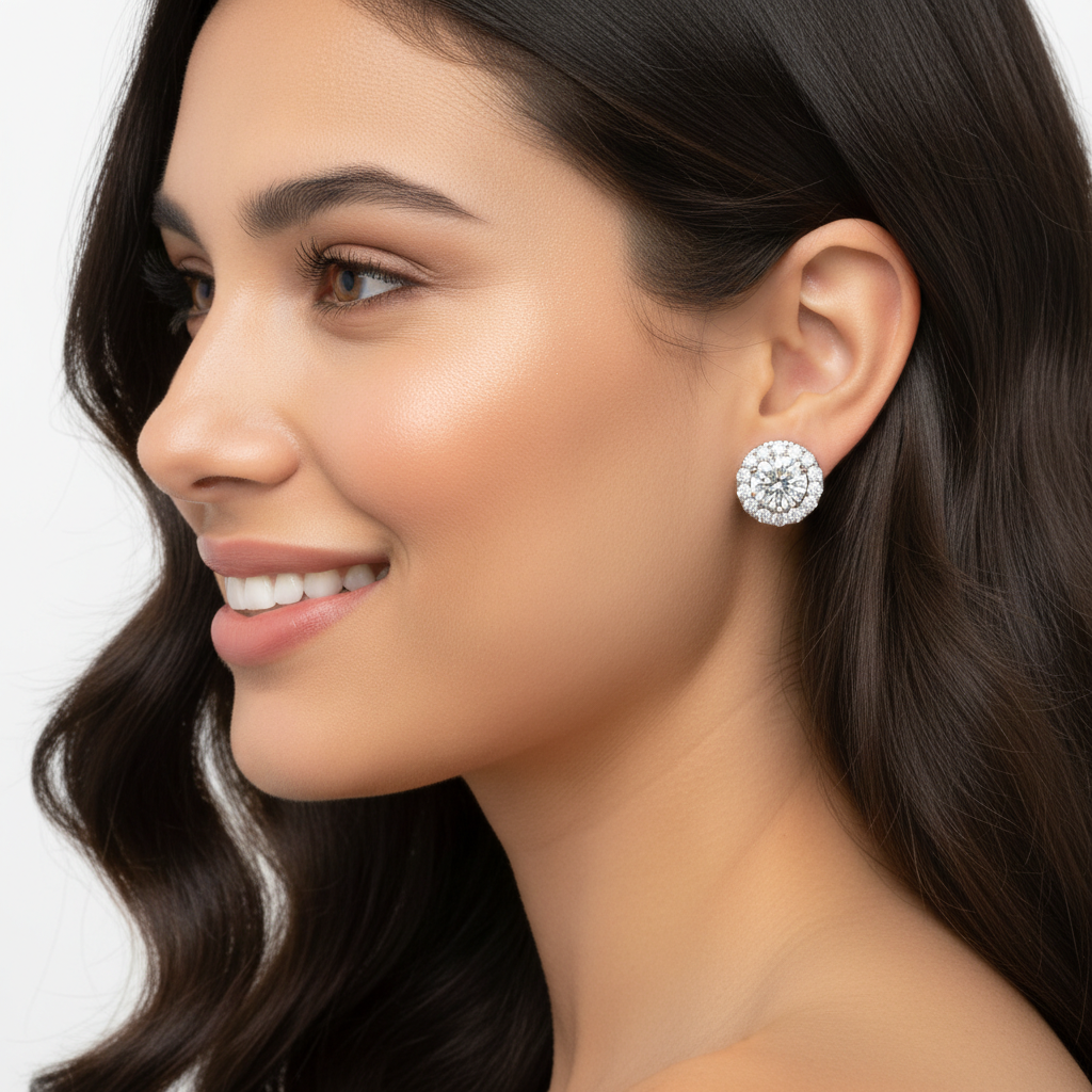 Diamond Halo Stud Earrings in White Gold