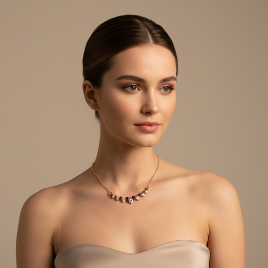Red Gemstone And Diamond Curved Bar Necklace 14K Gold - Two