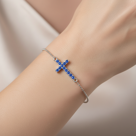 Blue Sapphire Cross Pendant Bracelet With Chain - Two