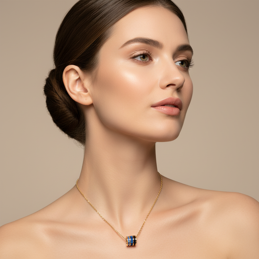 Triple Ring Pendant Necklace With Blue Gemstone Accents - Two