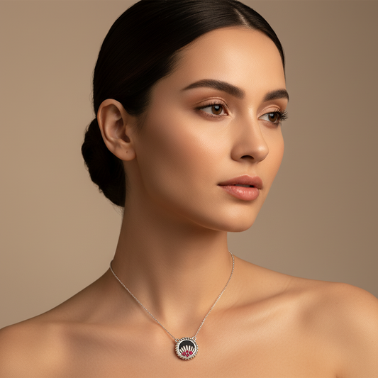 Black Onyx And Pink Gemstone Evil Eye Pendant Necklace With Beaded Frame - Two