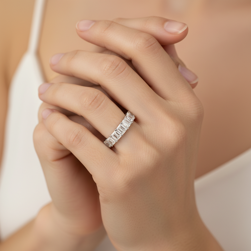 Emerald Diamond Half Eternity Wedding Band In White Gold - Ten