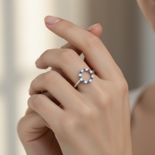 Blue Sapphire And Diamond Open Circle Ring - Two