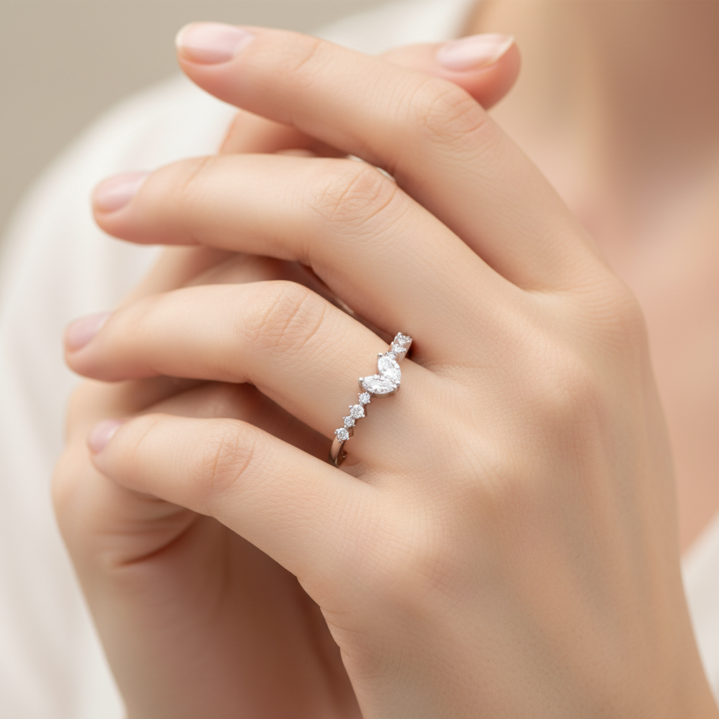 Curved Diamond Baguette and Round Wedding Band White Gold Ring