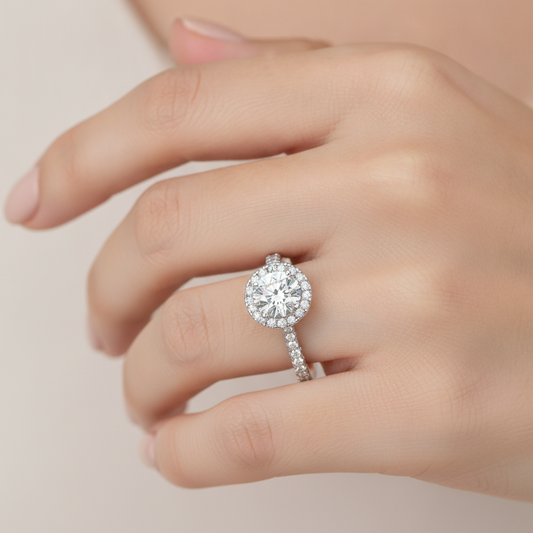 Dramatic Classic Halo Diamond Engagement Ring In 925 Sterling Silver - Fourteen