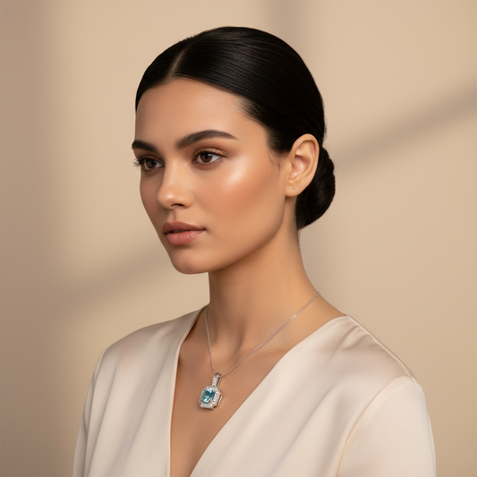 Aquamarine Diamond Halo Pendant Necklace in White Gold