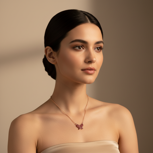 Ruby Butterfly Pendant Necklace with Beaded Chain