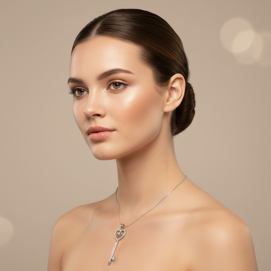 Sterling Silver Diamond Heart Key Pendant Necklace