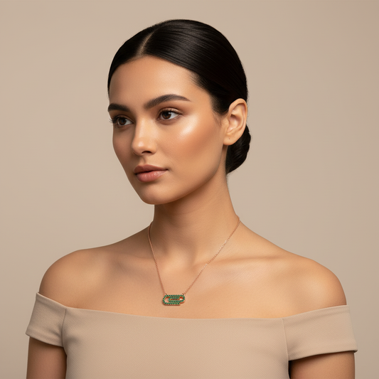 Lab-Grown Emerald Interlocking Link Pendant Necklace In Rose Gold | Modern Geometric Pave Design (16–17 Inch Adjustable) | Jebij - Two