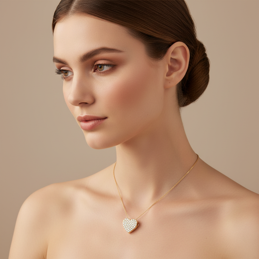 Pav Diamond Heart Pendant Necklace in White Gold