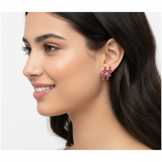 Pink Crystal Hashtag Symbol Stud Earrings with Screw Back Closure