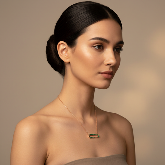 Lab-Grown Emerald Horizontal Link Pendant Necklace In Rose Gold | Minimal Modern Pave Design (16–17 Inch Adjustable) | Jebij - Two