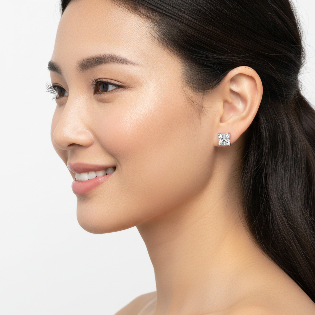 Princess Cut Diamond Stud Earrings with Screw Back in White Gold