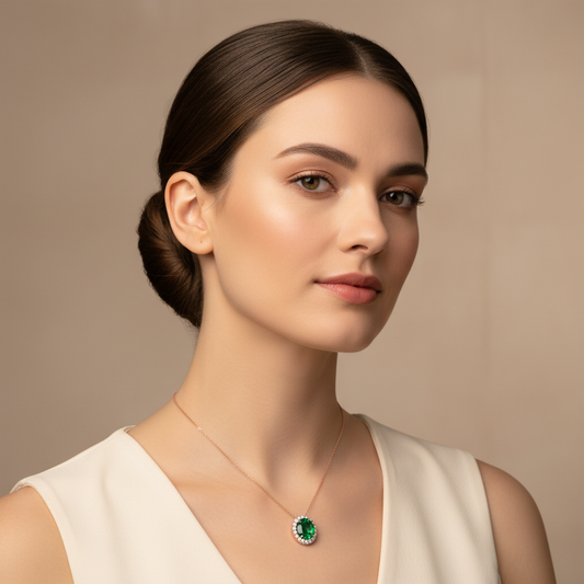 Oval Green Emerald Halo Diamond Pendant Necklace in White Gold