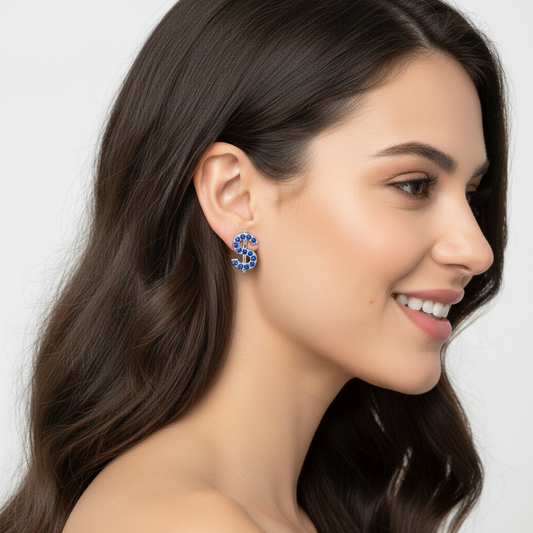 Blue Crystal Dollar Sign Stud Earrings - Two