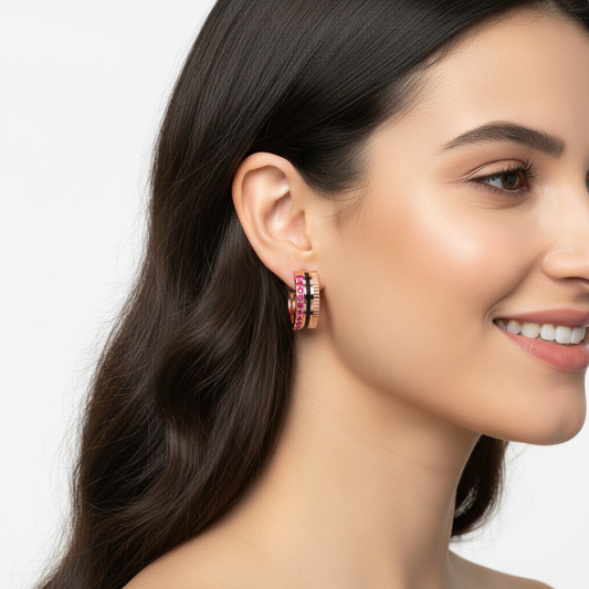 Pink Sapphire Textured Hoop Earrings With Ribbed Design - Two