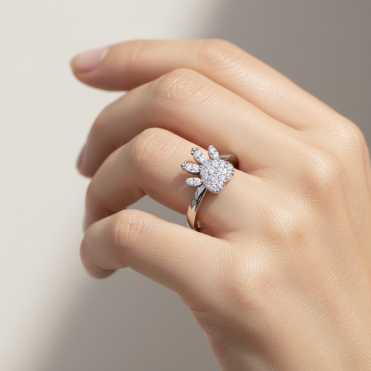 Paw Print Diamond Ring with Cluster Stones Delicate Band