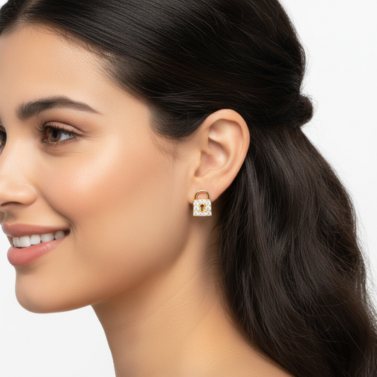 Gold Pav Diamond Lock Stud Earrings