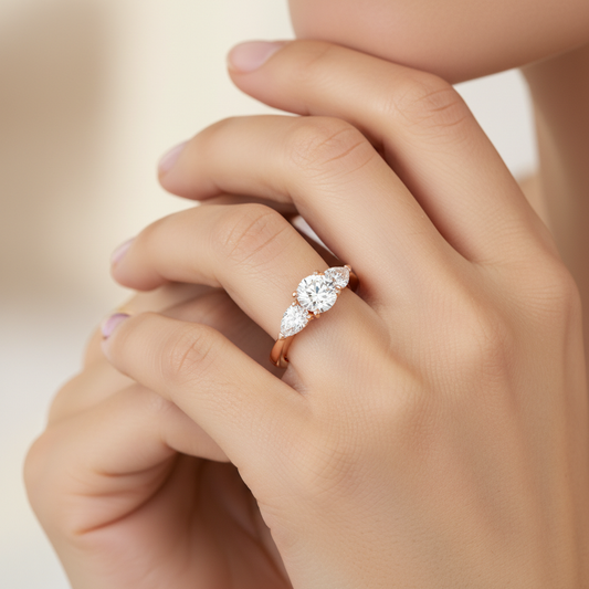 Rose Gold Three Stone Diamond Engagement Ring with Pear Side Stones