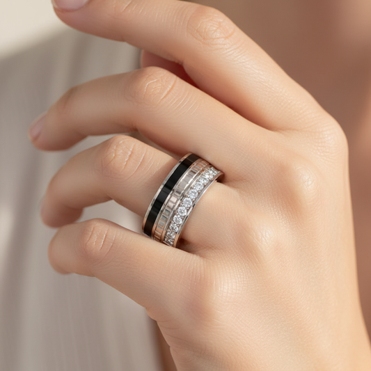 Gold Diamond Band Ring 6Mm With Black Enamel – Wide Statement Luxury Ring | Jebij - Two