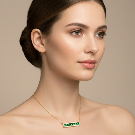 Emerald And Diamond Bar Necklace In Yellow Gold - Two