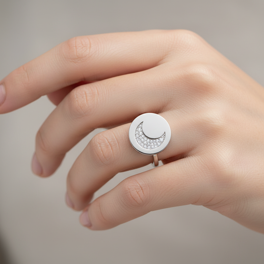 Crescent Moon Disc Ring With Pav Crystals - Two