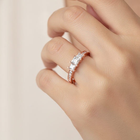 Scintillating Tri Stone Ring In 925 Sterling Silver - Fourteen