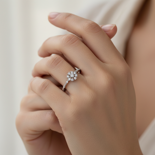 Diamond Cluster Ring with Beaded Band in White Gold