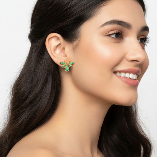 Emerald Bee Stud Earrings With Pav Wings - Two