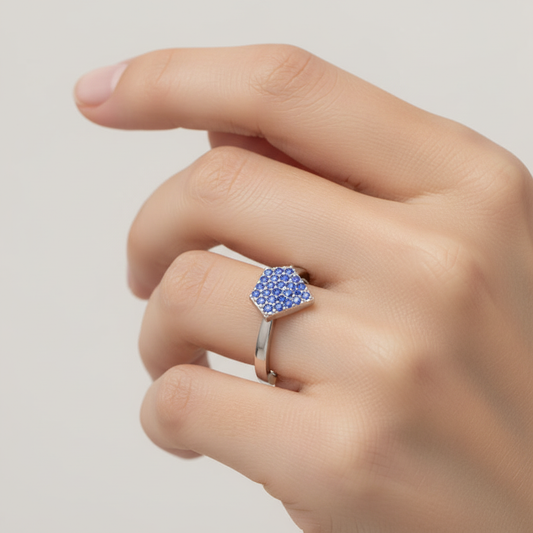 Blue Sapphire Pav Triangle Cluster Ring
