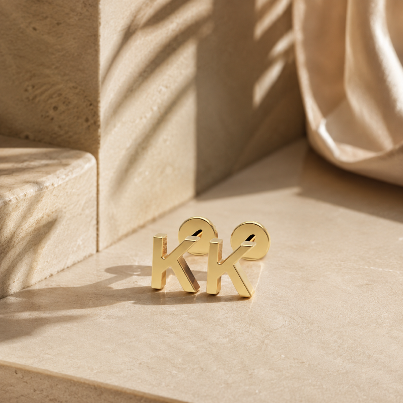 Solid Gold Initial Stud Earrings A to Z