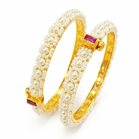 Hand Crafted Pearl Gold Plated Bangles with Pink Stone Accents  Set of 2