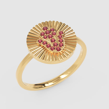 Ruby Hamsa Hand Disc Ring With Sunburst Detail - Five
