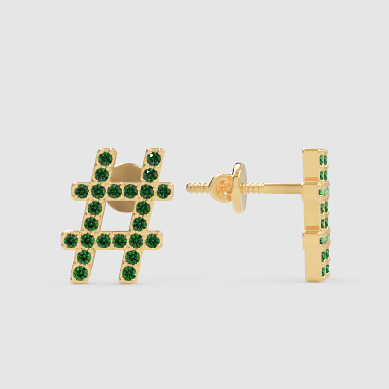 Green Crystal Hashtag Symbol Stud Earrings With Screw Back - One