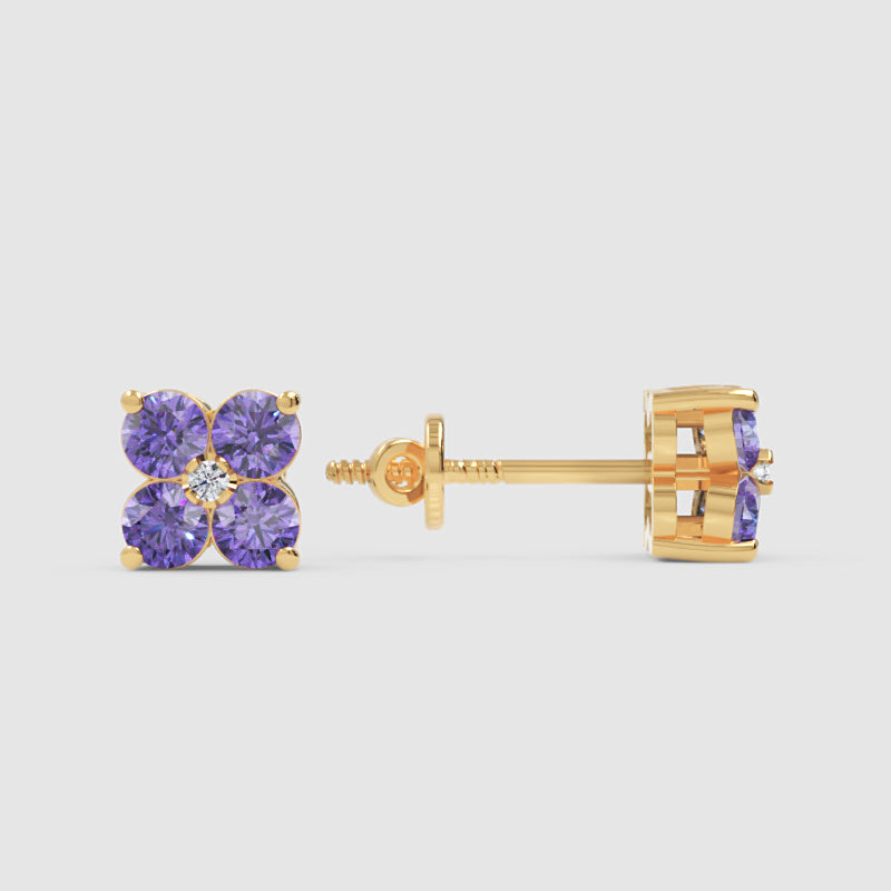 Purple Amethyst Four Stone Cluster Stud Earrings With Diamond Accent - Five