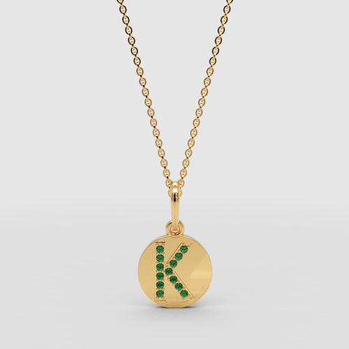 Personalized K Letter Pendant Necklace in Yellow Gold with Green Stones
