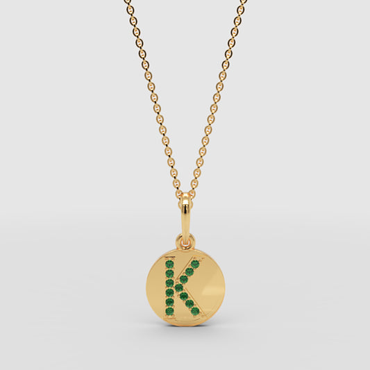 Personalized K Letter Pendant Necklace in Yellow Gold with Green Stones