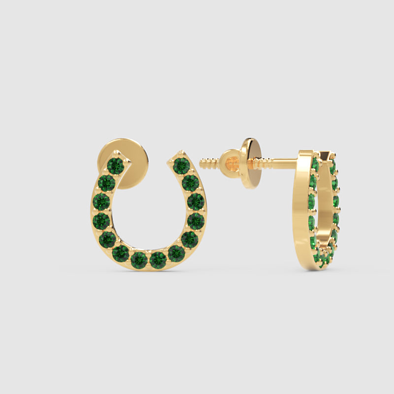 Emerald Horseshoe Stud Earrings With Screw Back Closure - One