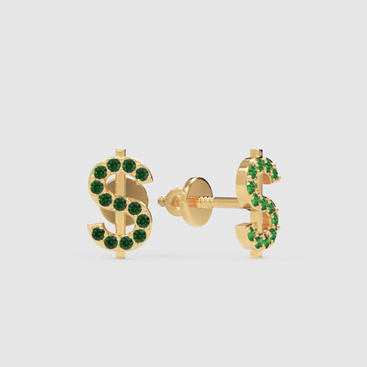 Dollar Sign Stud Earrings With Green Crystals Screw Back Closure - One