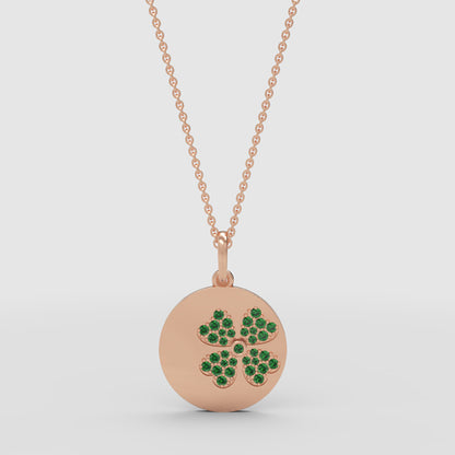 Four Leaf Clover Emerald Disc Pendant Necklace - Two