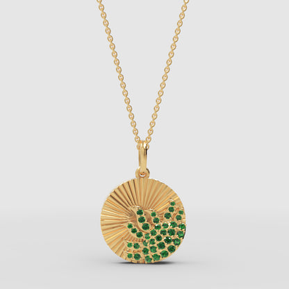 Sunburst Disc Pendant Necklace With Green Emerald Stones - One