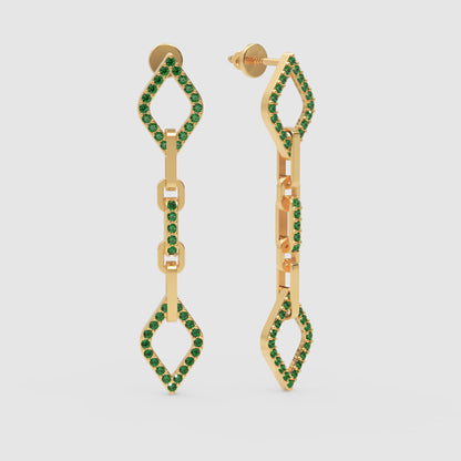 Emerald Chain Link Drop Earrings With Geometric Diamond Shapes - One